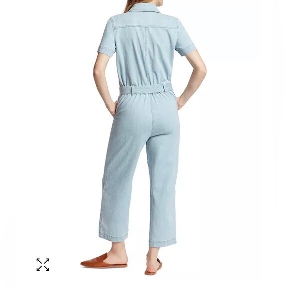 Ella Moss Belted Denim Short Sleeve Cropped Wide Leg Jumpsuit Relaxed Fit - Picture 2 of 16